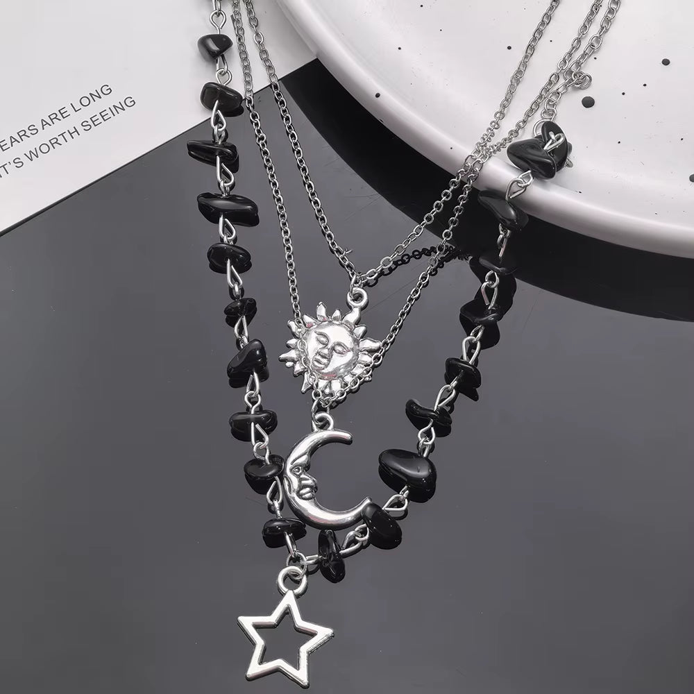 3-Piece Y2K Black Agate Rubble Star, Sun, and Moon Pendant Necklace Set, Suitable for Parties and Daily Wear
