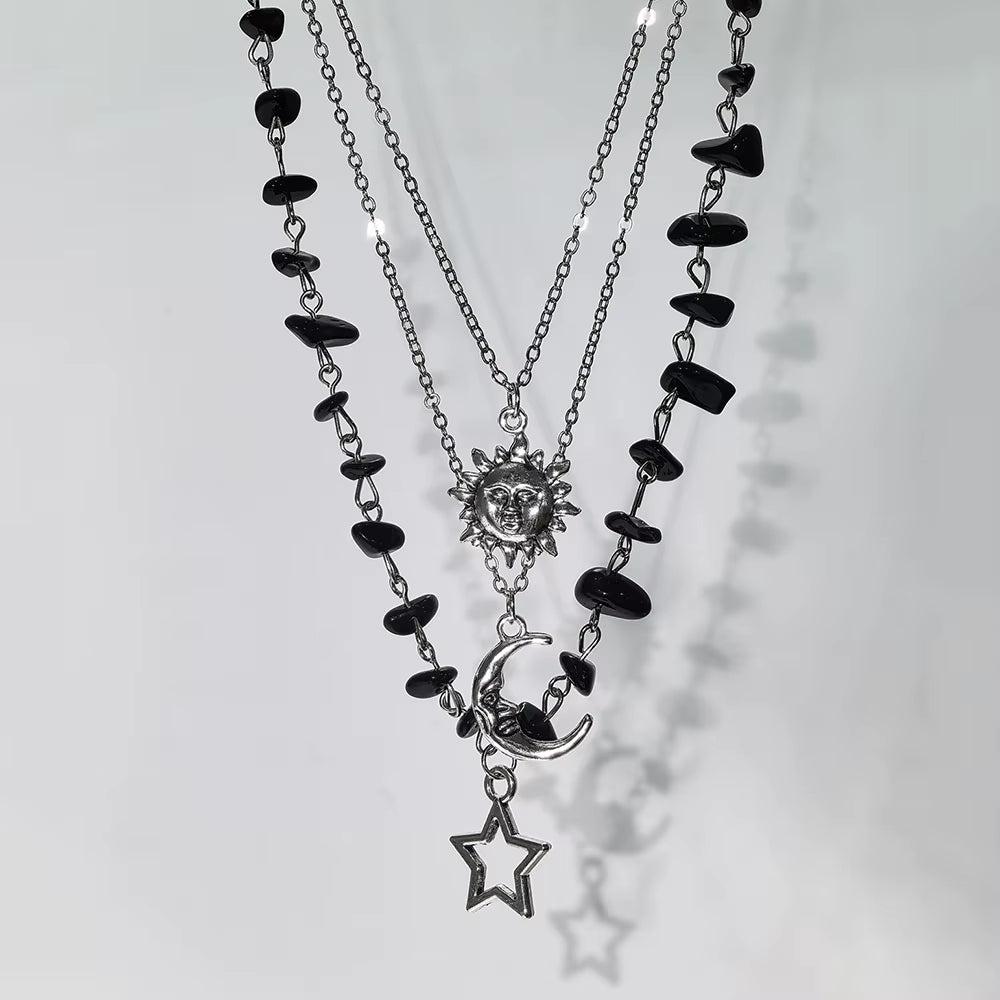 3-Piece Y2K Black Agate Rubble Star, Sun, and Moon Pendant Necklace Set, Suitable for Parties and Daily Wear
