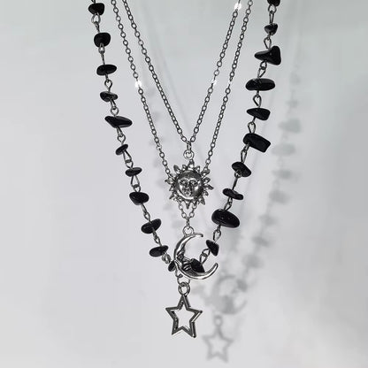 3-Piece Y2K Black Agate Rubble Star, Sun, and Moon Pendant Necklace Set, Suitable for Parties and Daily Wear