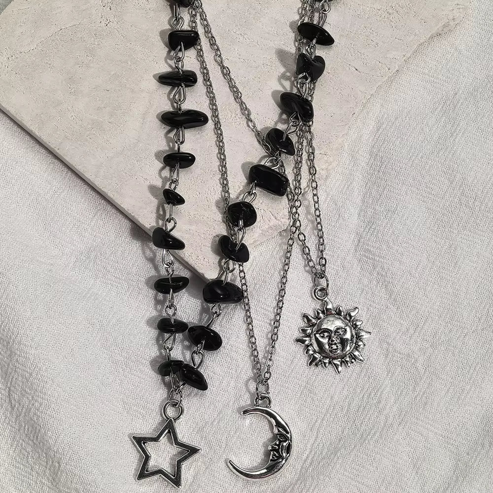 3-Piece Y2K Black Agate Rubble Star, Sun, and Moon Pendant Necklace Set, Suitable for Parties and Daily Wear