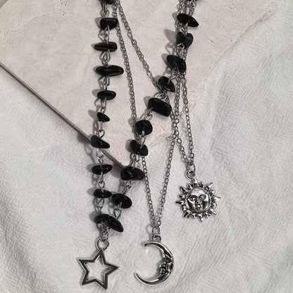3-Piece Y2K Black Agate Rubble Star, Sun, and Moon Pendant Necklace Set, Suitable for Parties and Daily Wear
