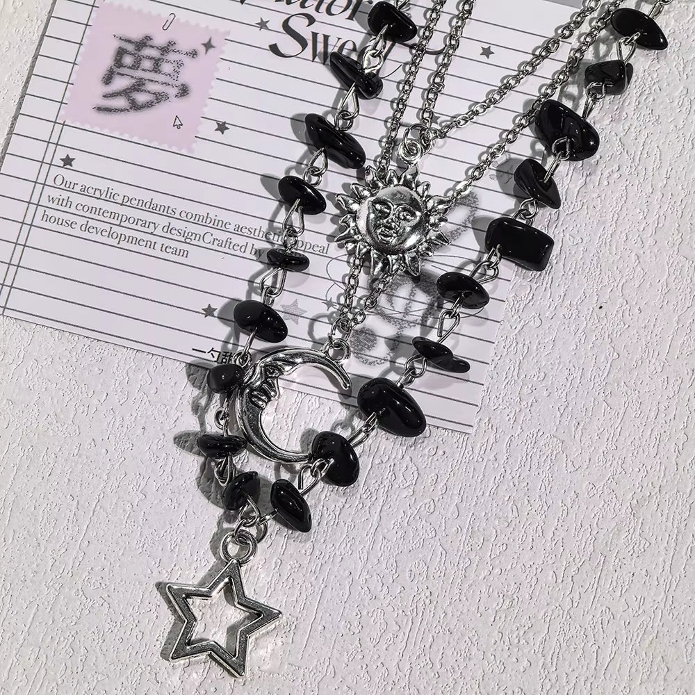 3-Piece Y2K Black Agate Rubble Star, Sun, and Moon Pendant Necklace Set, Suitable for Parties and Daily Wear