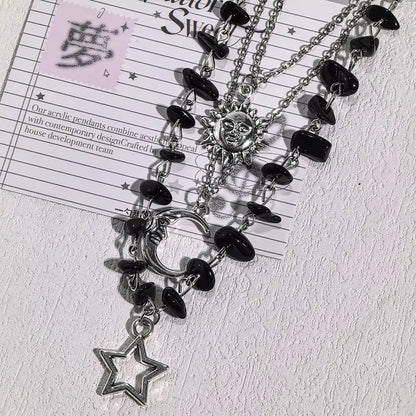 3-Piece Y2K Black Agate Rubble Star, Sun, and Moon Pendant Necklace Set, Suitable for Parties and Daily Wear