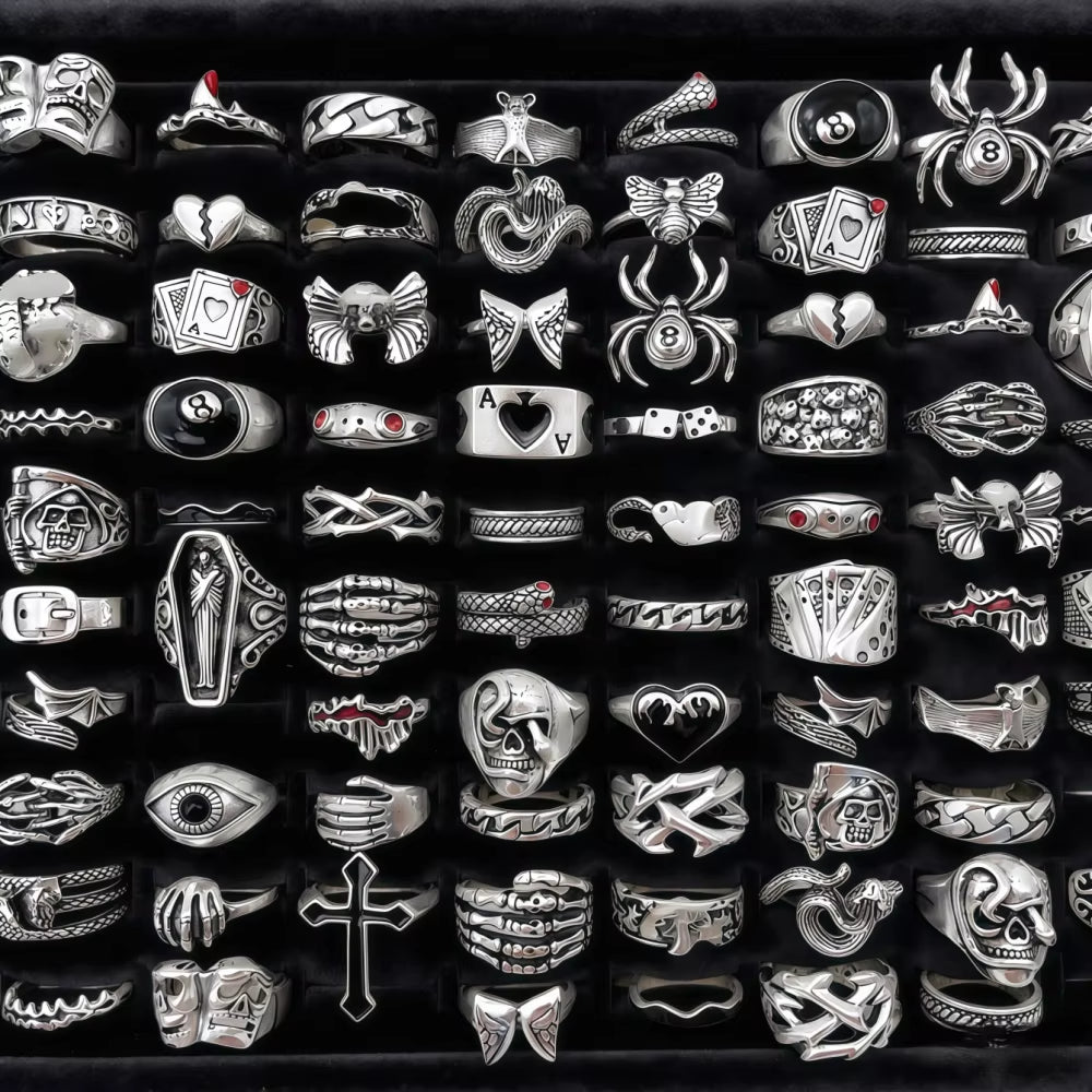 10/20/30/50/100Pieces Vintage Punk Skull Eye Rings Set for Women Men Mix Style Hip Hop Finger Ring Jewelry Party Gift