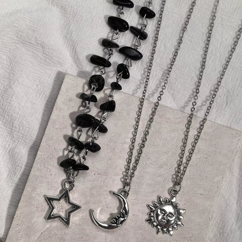 3-Piece Y2K Black Agate Rubble Star, Sun, and Moon Pendant Necklace Set, Suitable for Parties and Daily Wear