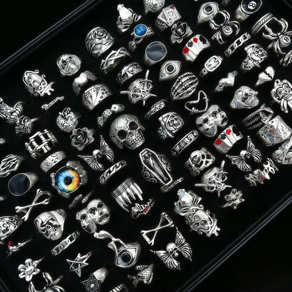 10/20/30/50/100Pieces Vintage Punk Skull Eye Rings Set for Women Men Mix Style Hip Hop Finger Ring Jewelry Party Gift